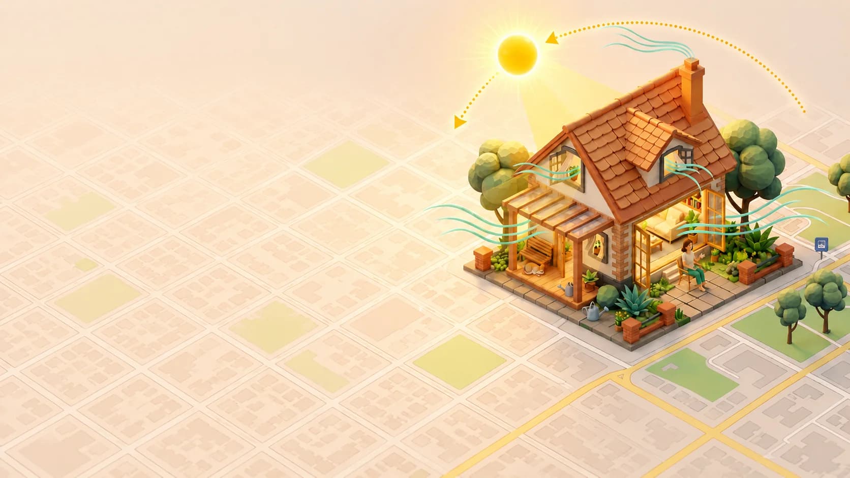 Ilustração de uma casa com sol, vegetação, mapa urbano e ventilação natural