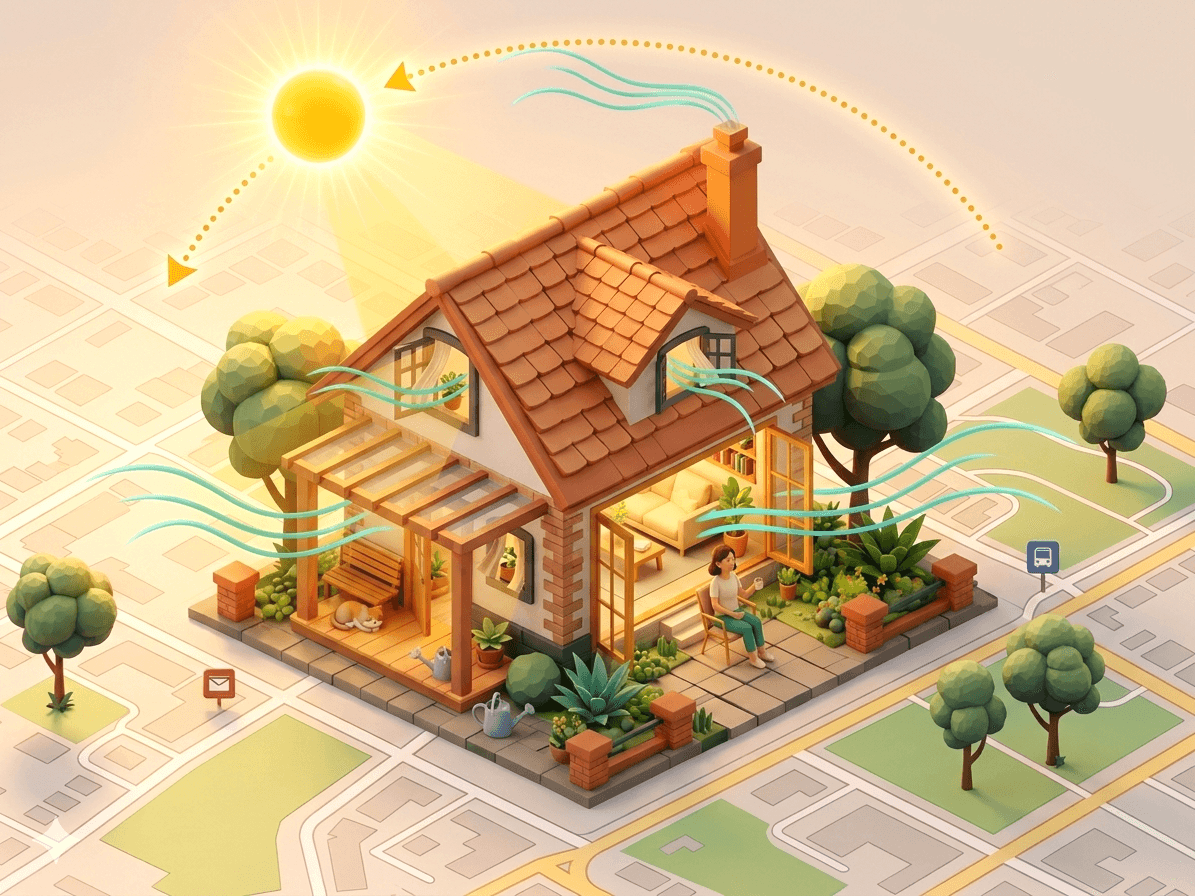 Ilustração de uma casa com sol, vegetação, mapa urbano e ventilação natural